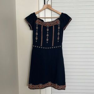 Tory Burch Nell Embroidered Navy Blue Off the Shoulder Fit and Flare Dress